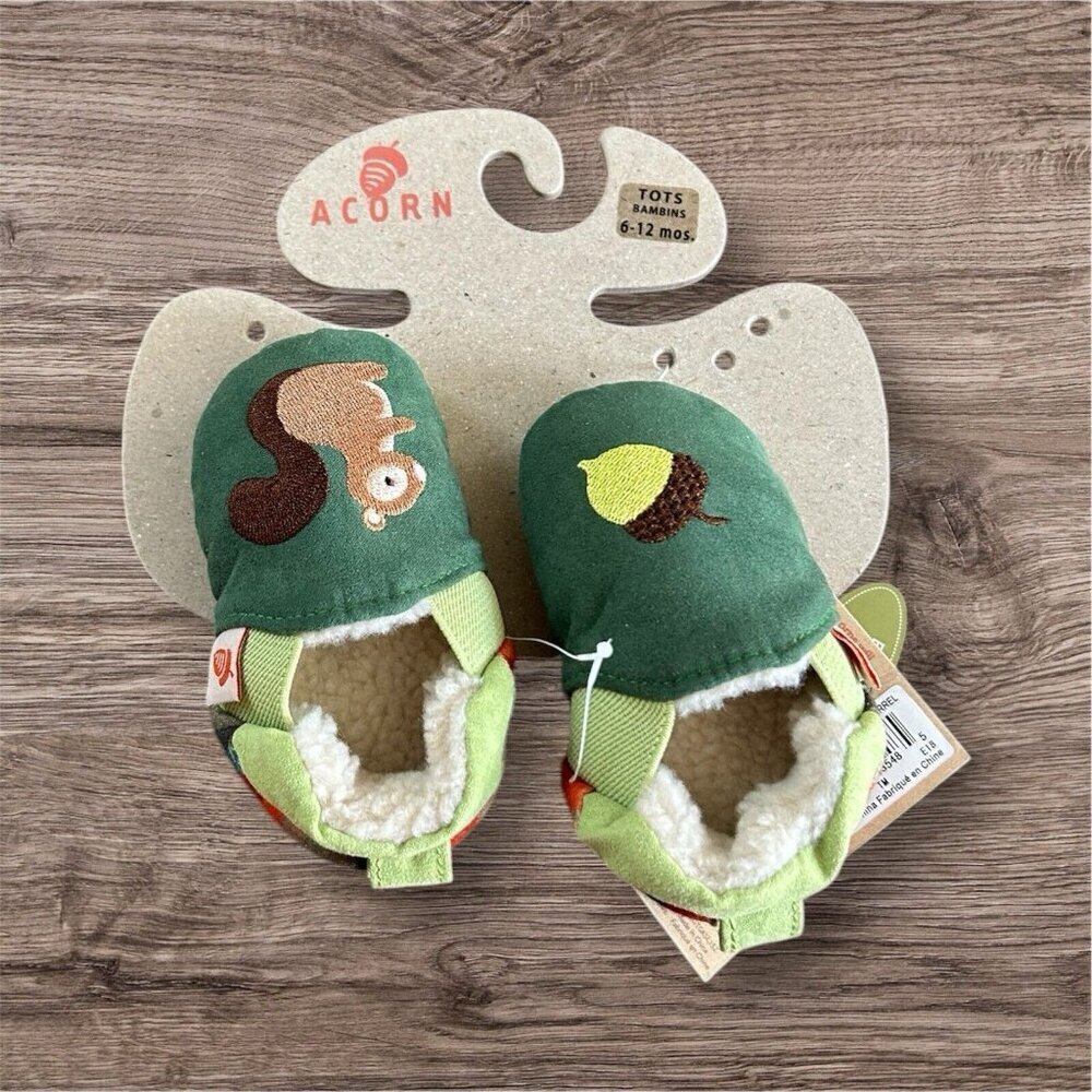 Acorn Baby Tots Squirrel Baby Slippers‎ Green Fur lined NEW 6-12 Months